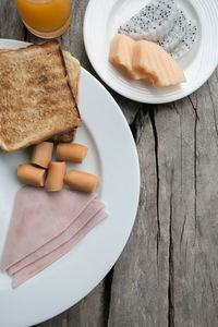 High angle view of breakfast served on table