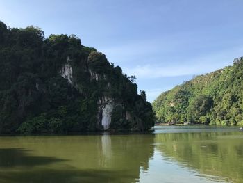 Scenic view of lake by trees against sky