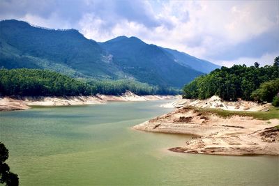 Scenic view of lake and mountains against sky