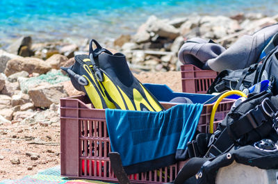 Equipment in crates on beach