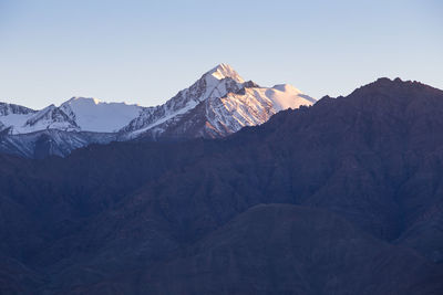 Scenic view of snowcapped mountains against clear sky