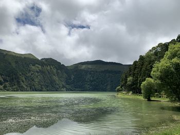 Scenic view of lake and mountains against sky