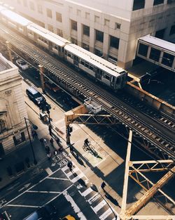 High angle view of train over street in city