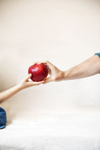 Midsection of man holding apple