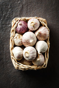 High angle view of eggs in basket