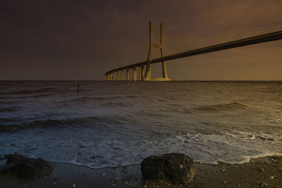 View of suspension bridge over sea at sunset