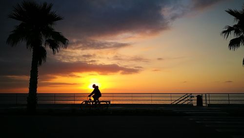 Silhouette man riding bicycle on sea against sky during sunset