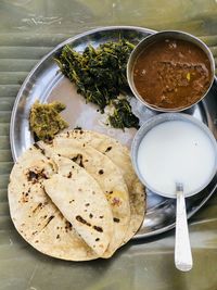 High angle view of meal served on table