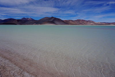 Scenic view of sea and mountains against sky