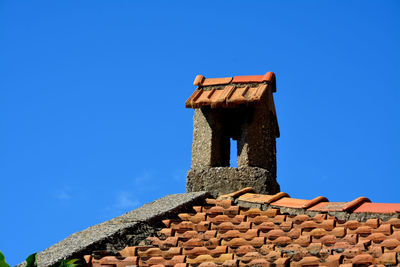 Low angle view of old roof against clear blue sky