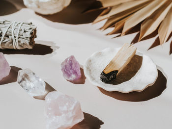 White sage and palo santo and amethyst and quartz crystals on a light beige background