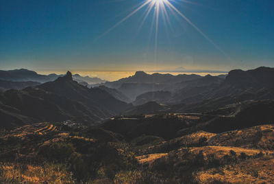 Scenic view of mountains against sky on sunny day