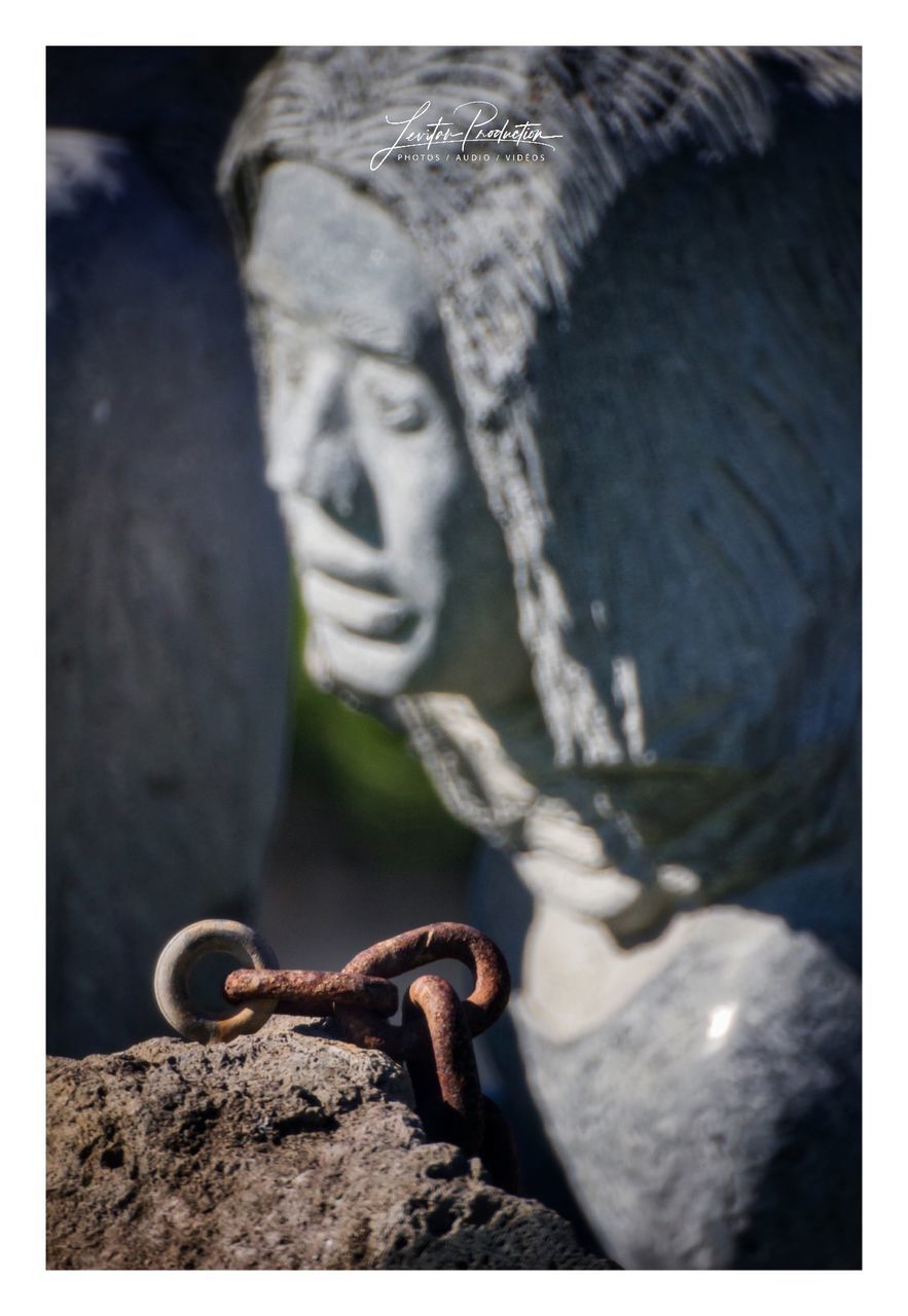 transfer print, auto post production filter, rock, day, solid, sculpture, selective focus, no people, rock - object, close-up, human representation, nature, art and craft, statue, representation, outdoors, one animal