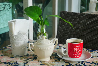 Close-up of coffee served on table