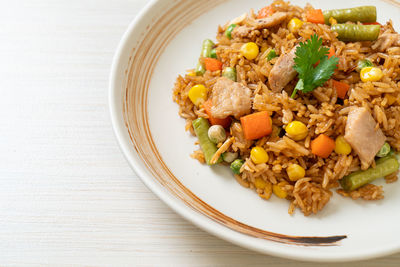 High angle view of food in plate on table