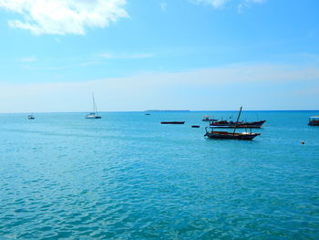 Sailboats sailing in sea against sky