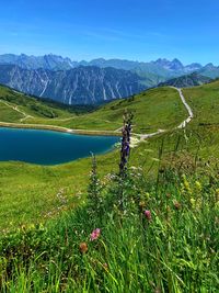 Mountain lake against sky