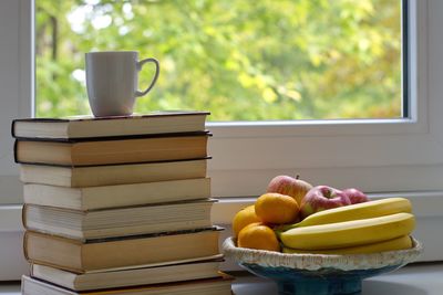 Stack of books on table