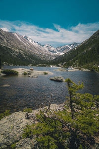 Scenic view of lake and mountains against sky