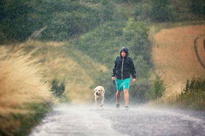 Man walking with dog on road during rainy season