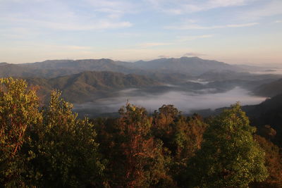 Scenic view of mountains against sky during sunset