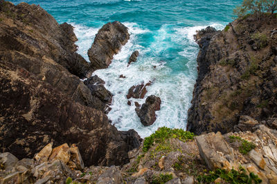 High angle view of mountains and sea