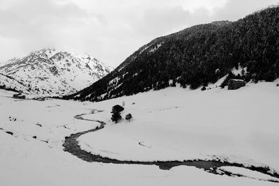 Scenic view of snow covered mountains against sky