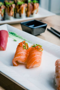 High angle view of sushi in plate on table