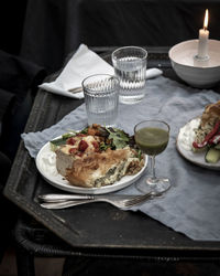 High angle view of food served on table