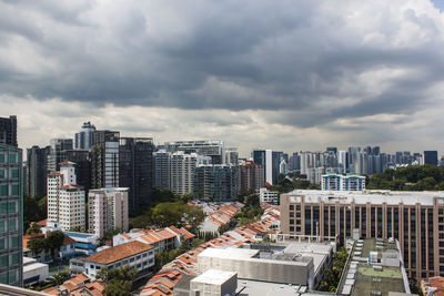 High angle view of buildings in city against sky