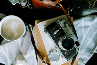 High angle view of camera on table