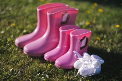 Close-up of pink toy on field