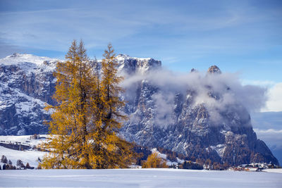 Scenic view of snowcapped mountains against sky