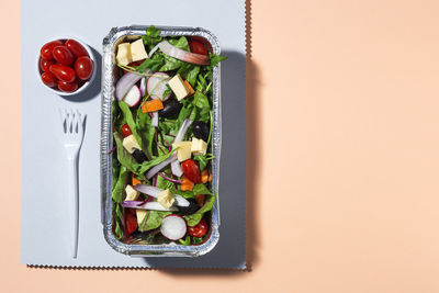 High angle view of chopped vegetables on table