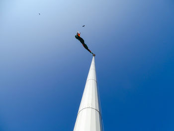 Low angle view of bird flying against blue sky