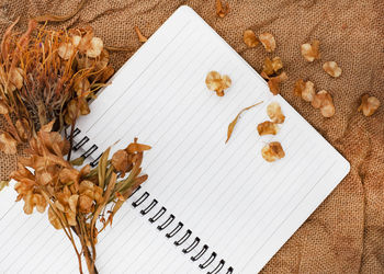 Blank notebook on rustic autumn colored surface