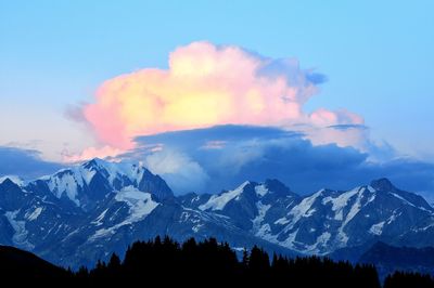 Scenic view of snowcapped mountains against sky during sunset