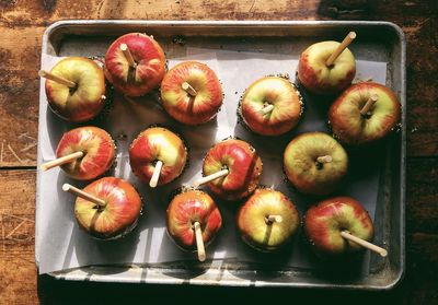 High angle view of apples on table