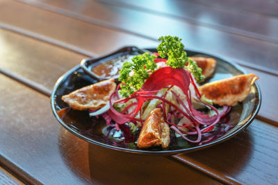 Close-up of food in plate on table