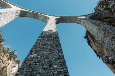 Low angle view of arch bridge against clear blue sky