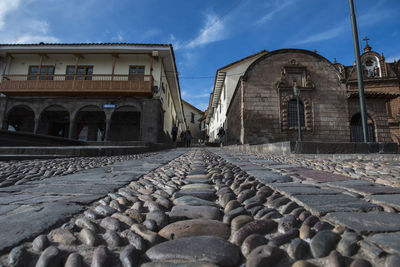 Close up of cobblestones at plaza de armas, cusco, peru, south america