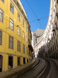 Empty road amidst buildings against clear sky