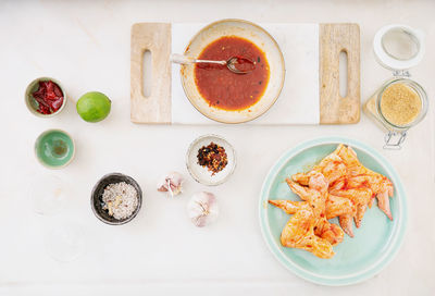 High angle view of breakfast served on table