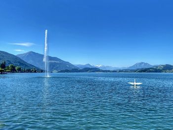 Scenic view of lake against clear blue sky
