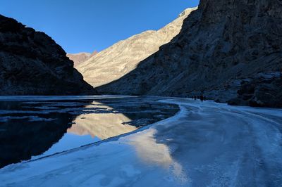 Scenic view of lake and mountains against clear sky