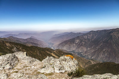 Scenic view of snowcapped mountains against clear sky