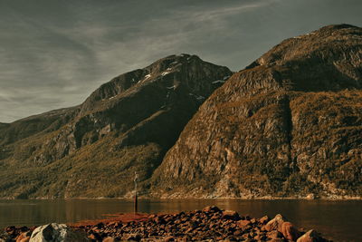 Scenic view of lake and mountains against sky