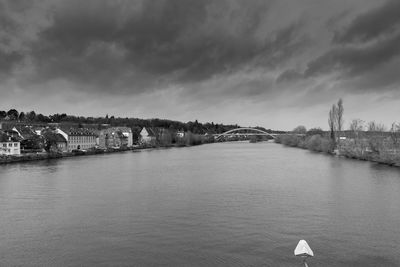 Bridge over river against sky in city