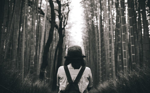 Rear view of woman standing against trees in forest