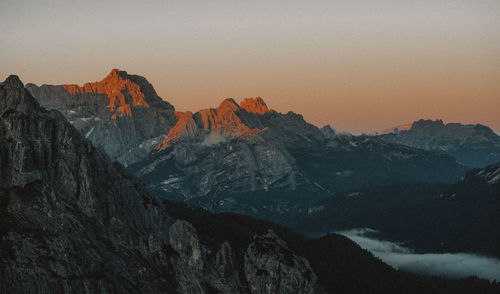 Scenic view of mountains against sky during sunset